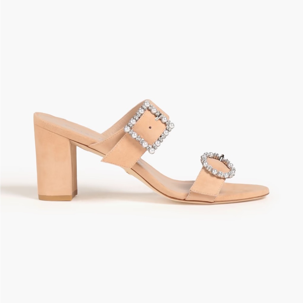 Stuart Weitzman Pearl Geo Buckle Suede Heeled Sandals Womens Size 8 - Picture 1 of 8